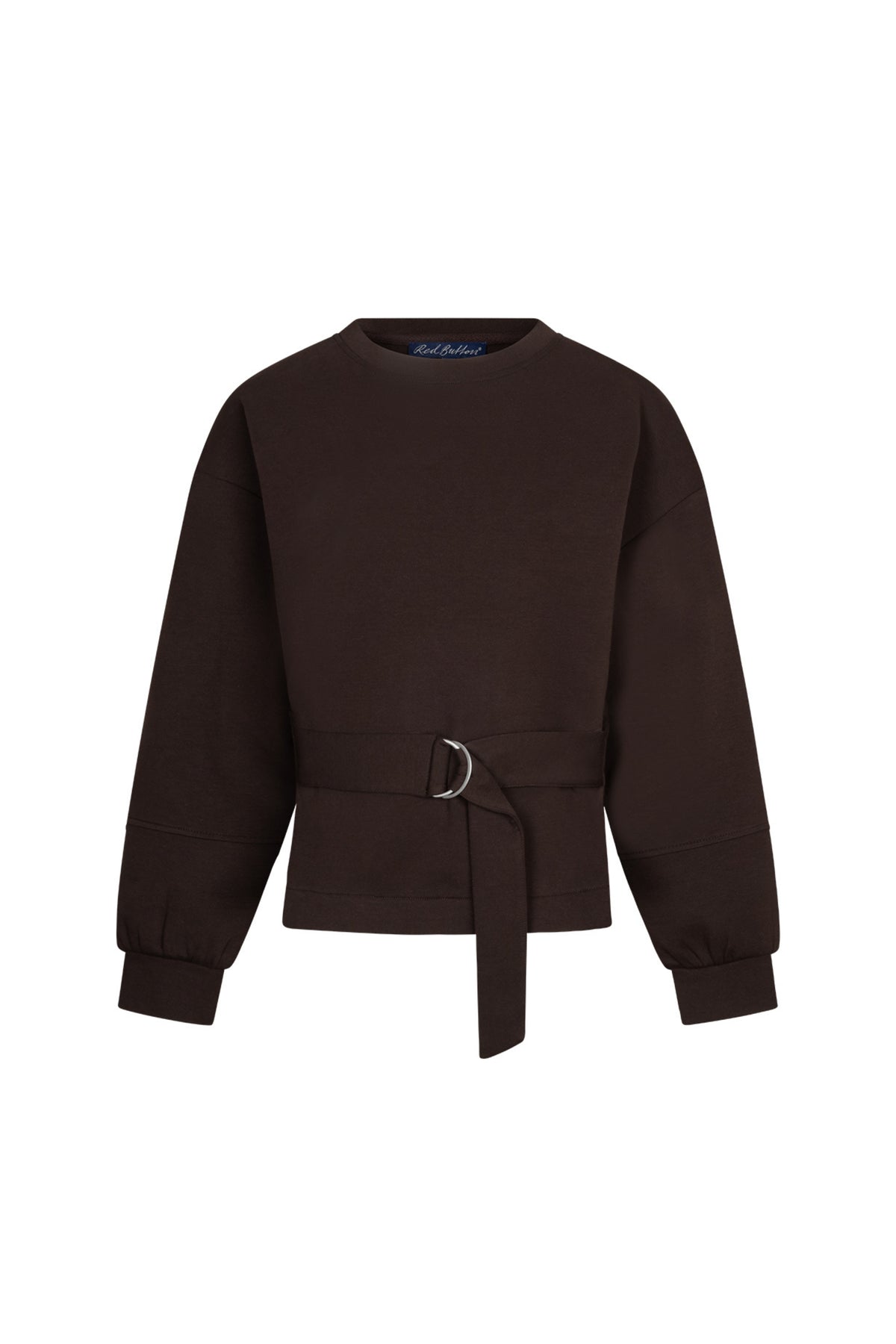 Elegante Shakira top en bijpassende riem van scuba stof in espresso kleur, van Red Button, getoond op een model.