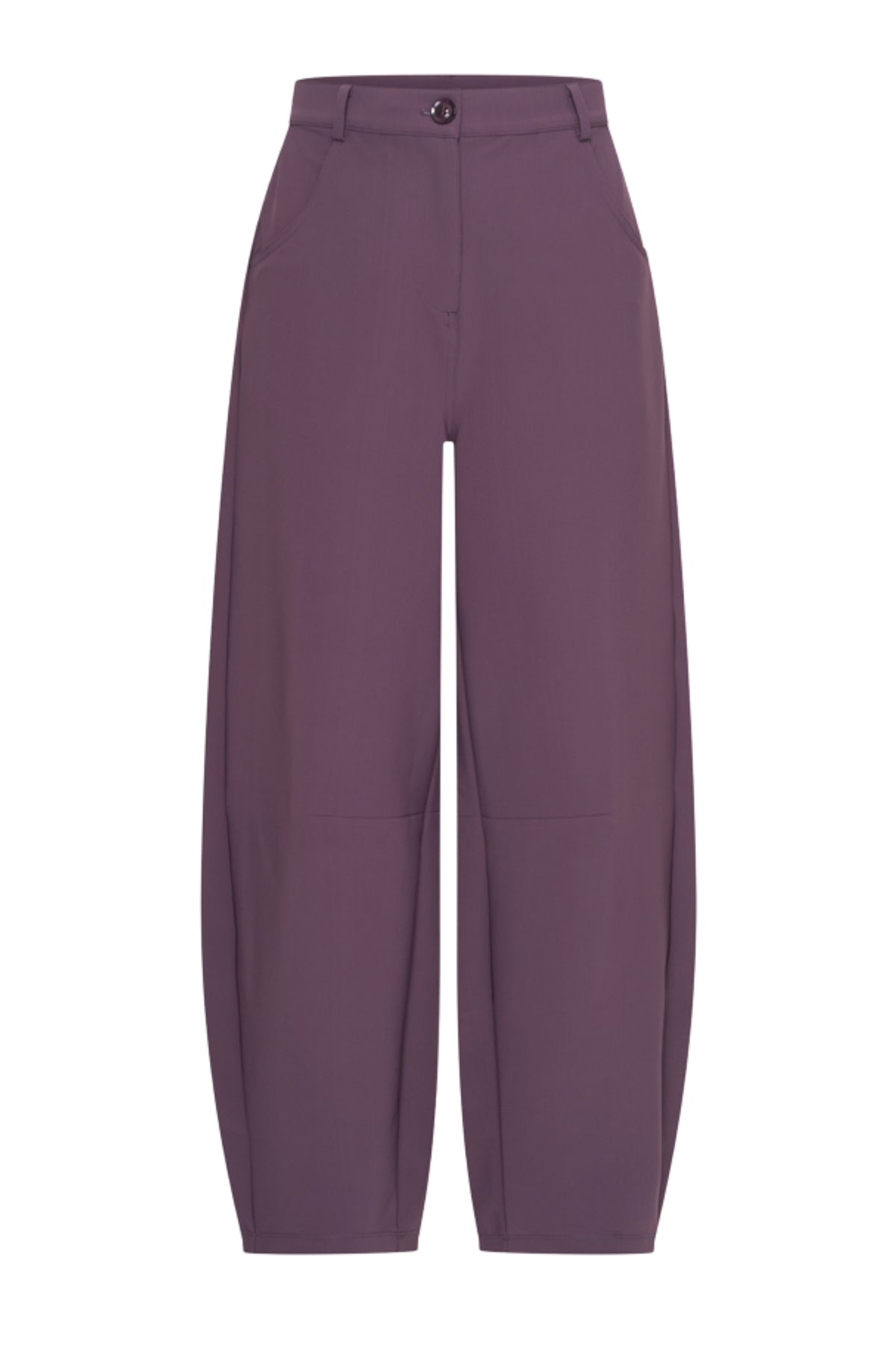 Mi Piace bonded travel balloon broek in plumkleur, comfortabele damesbroek met elastische taille en losvallende pasvorm.