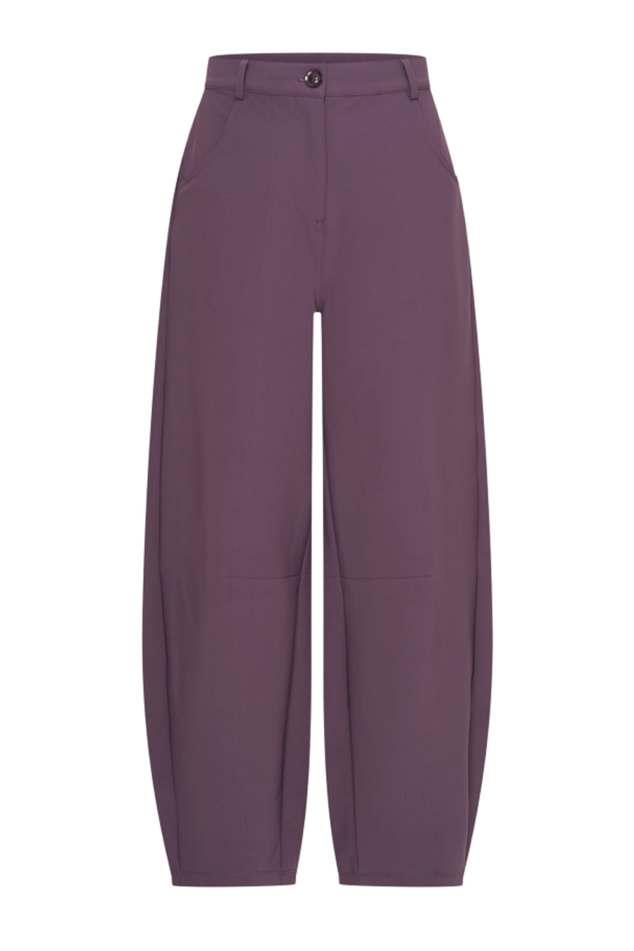 Mi Piace bonded travel balloon broek in plumkleur, comfortabele damesbroek met elastische taille en losvallende pasvorm.