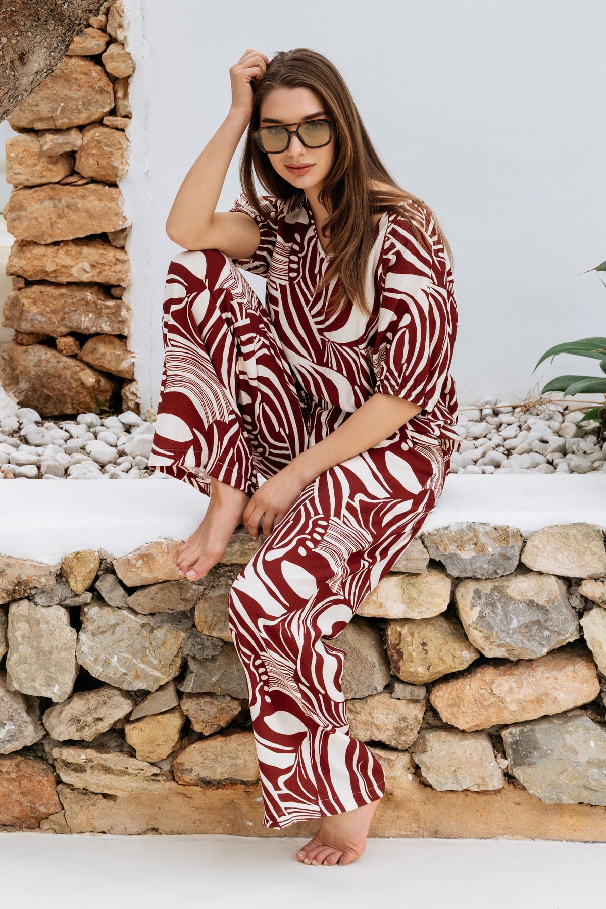 &Co woman Top Amelie Weave Claret Multi, gestreept damestop met geweven textuur en kleurrijk design.