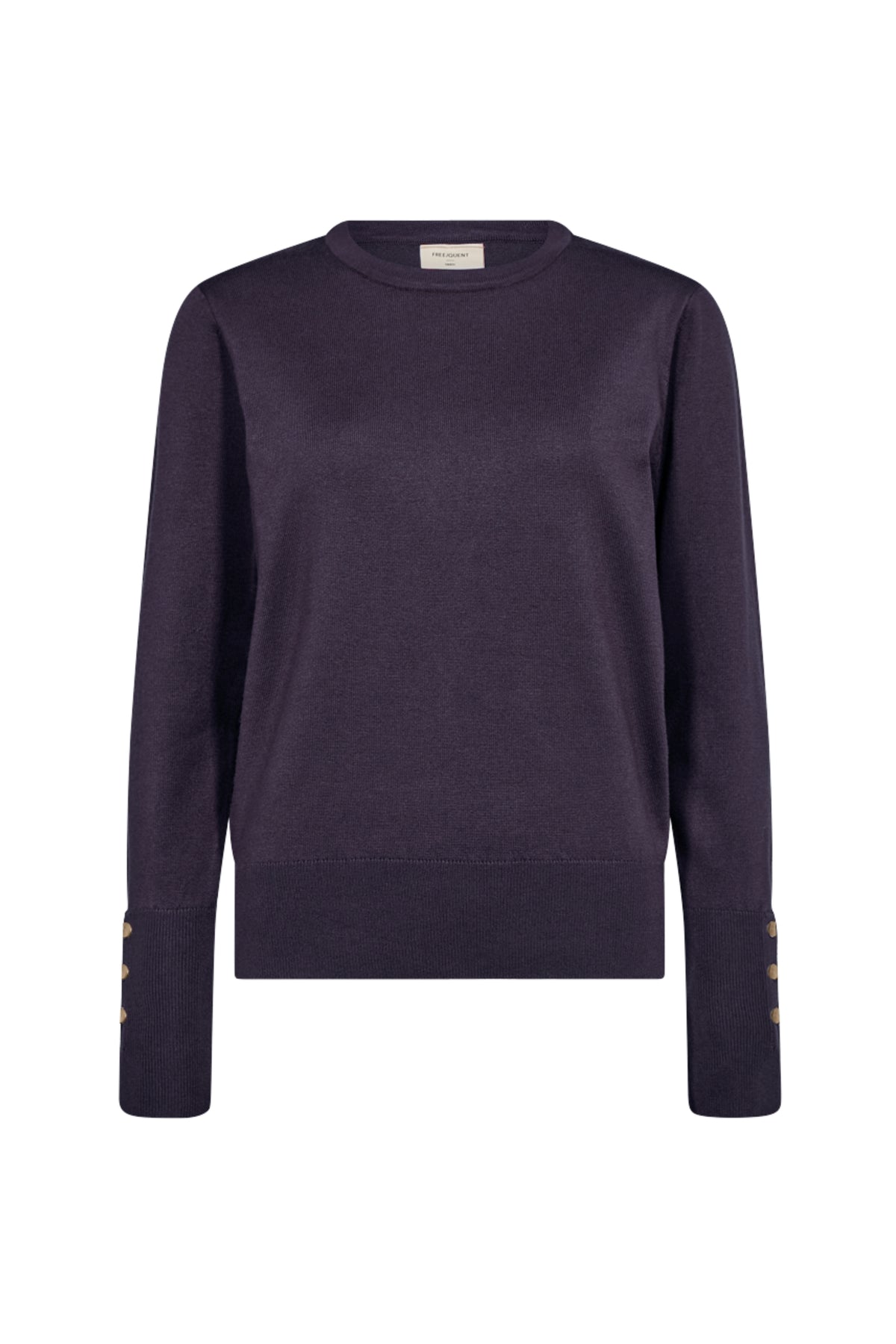 Donkerblauwe trui Freequent Fqkatie Nightshade met lange mouwen en zachte stof, gedragen door een persoon.