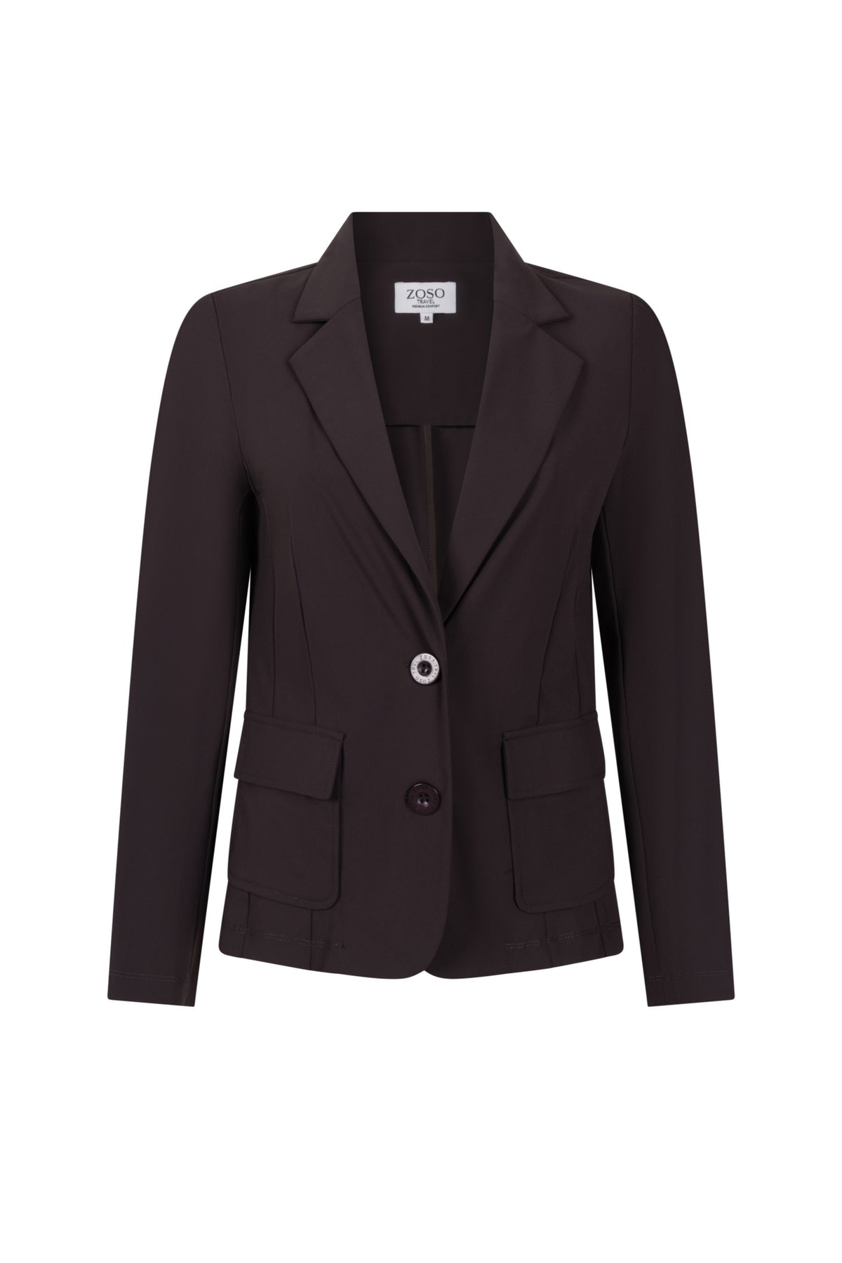 Zoso Travel Blazer Chantal Espresso voor dames, getailleerd en stijlvol, zichtbaar in de afbeelding.