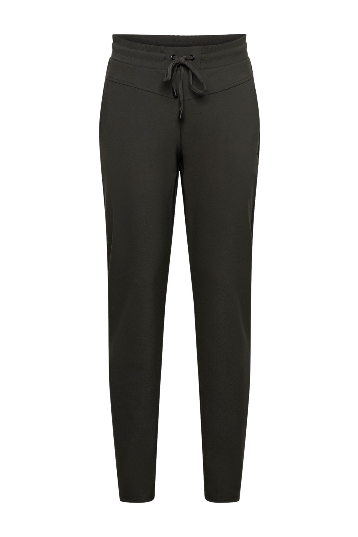 Donkere khaki reishose voor vrouwen van &Co woman, met stevige stof en comfortabele pasvorm, geschikt voor reizen en casual draagstijl.