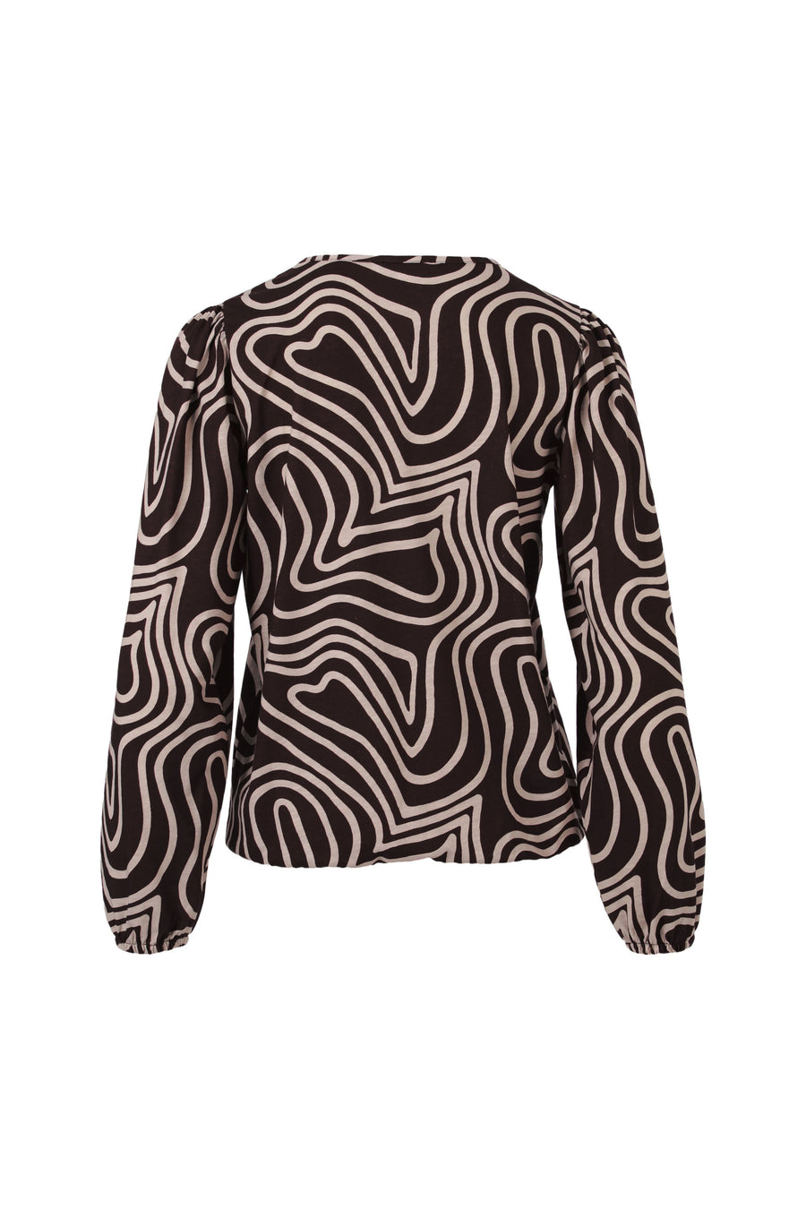 Bruine Enjoy blouse met V-hals en lijnpatroon, elegante print, korte mouwen en losse pasvorm.