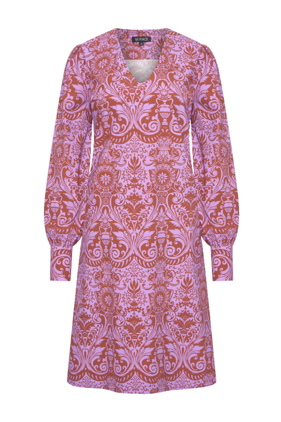Mi Piace travel jurk met puffmouwen, barokprint in brique en hyacint, stijlvolle en comfortabele zomerjurk.