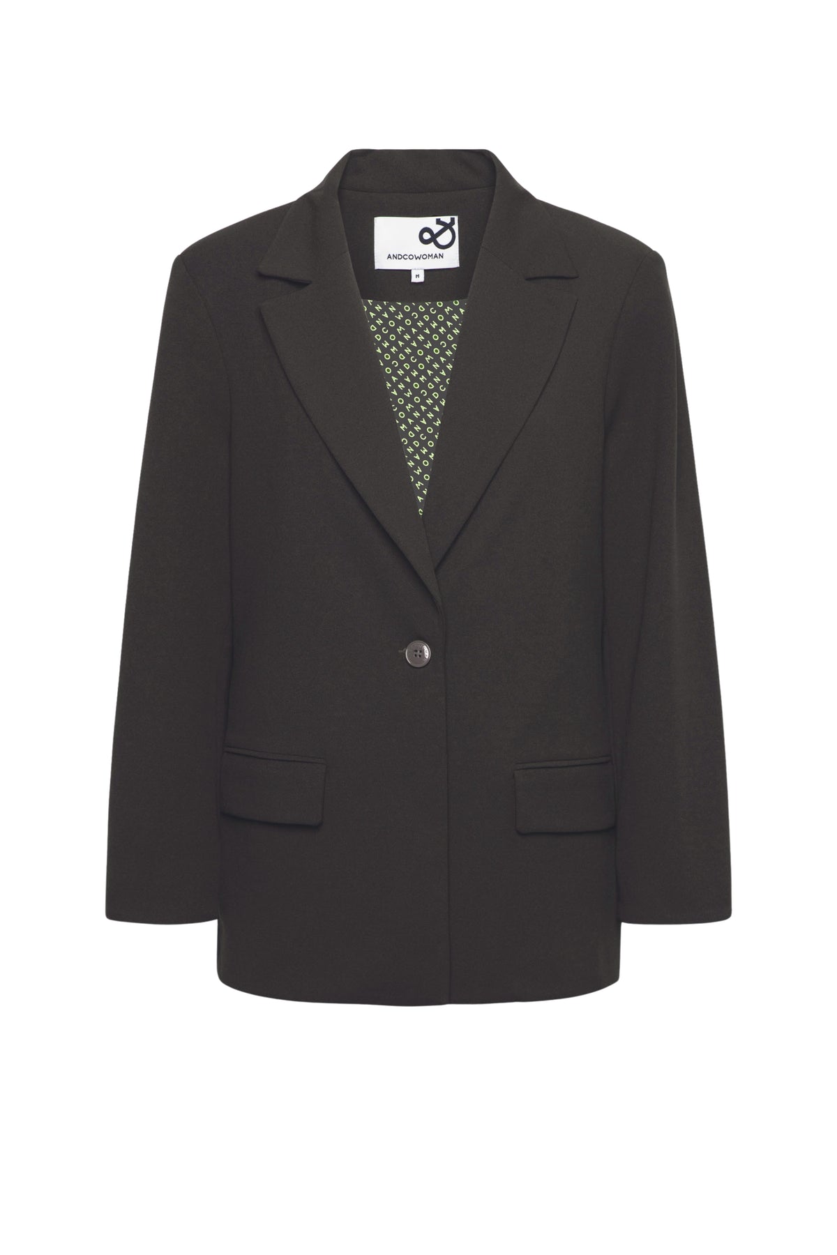 Donker kaki blazer Glennis van &Co woman, getailleerde damesblazer met knopen en revers, stijlvolle kantooroutfit.