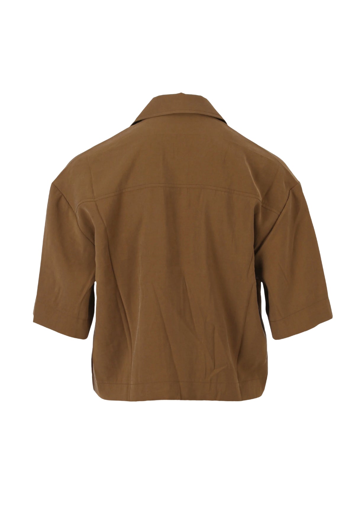 Camelkleurige Enjoy jas met knoopsluiting en zakken, close-up van de stijlvolle jacket met knoopdetails.