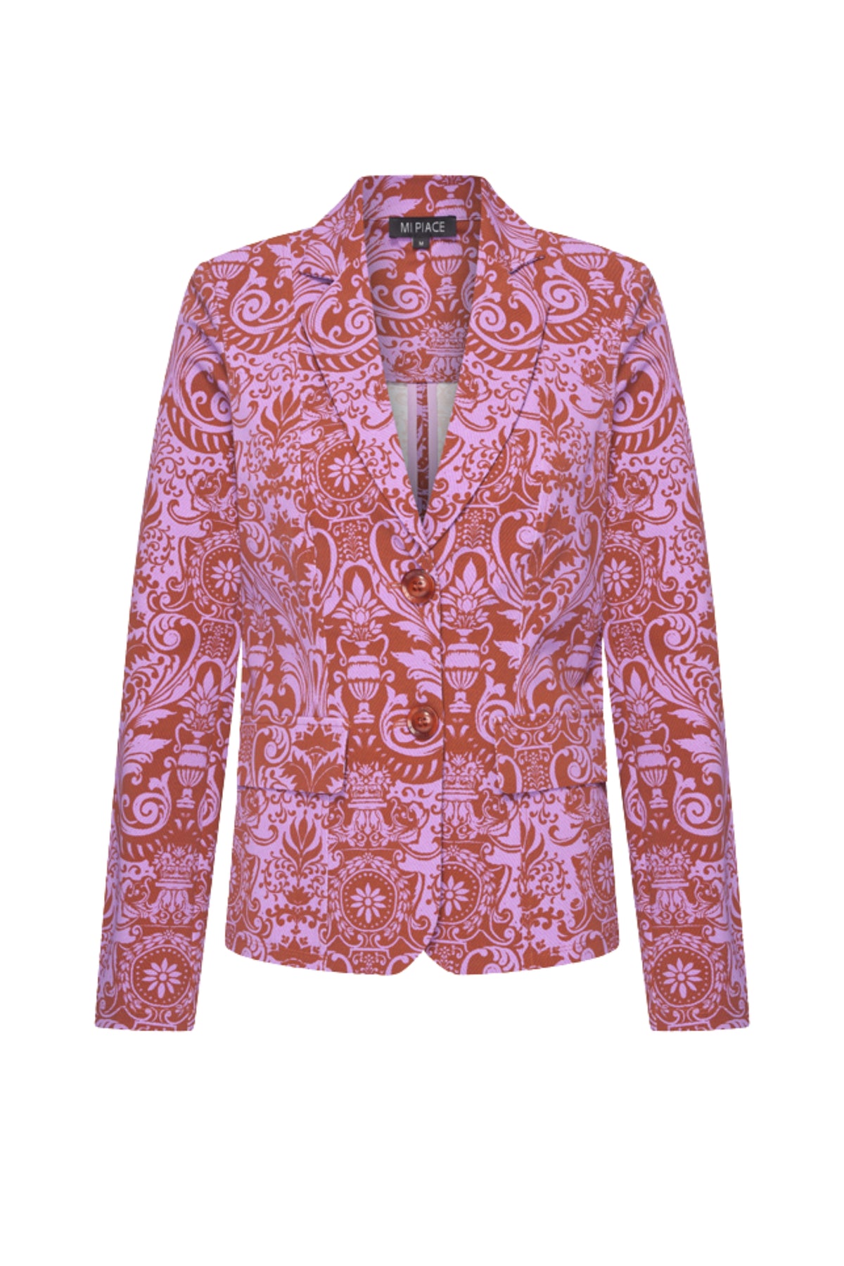 Mi Piace reiskleding blazer in brique met barokprint en hyacintkleur, elegant en stijlvol voor reizen.