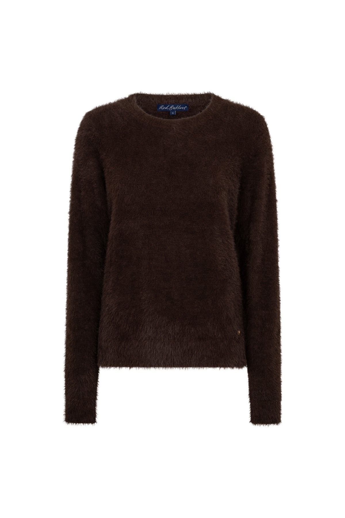 Zoete, zachte espresso top van Red Button met fuzzy textuur, model SRB5117, zichtbaar in close-up afbeelding.