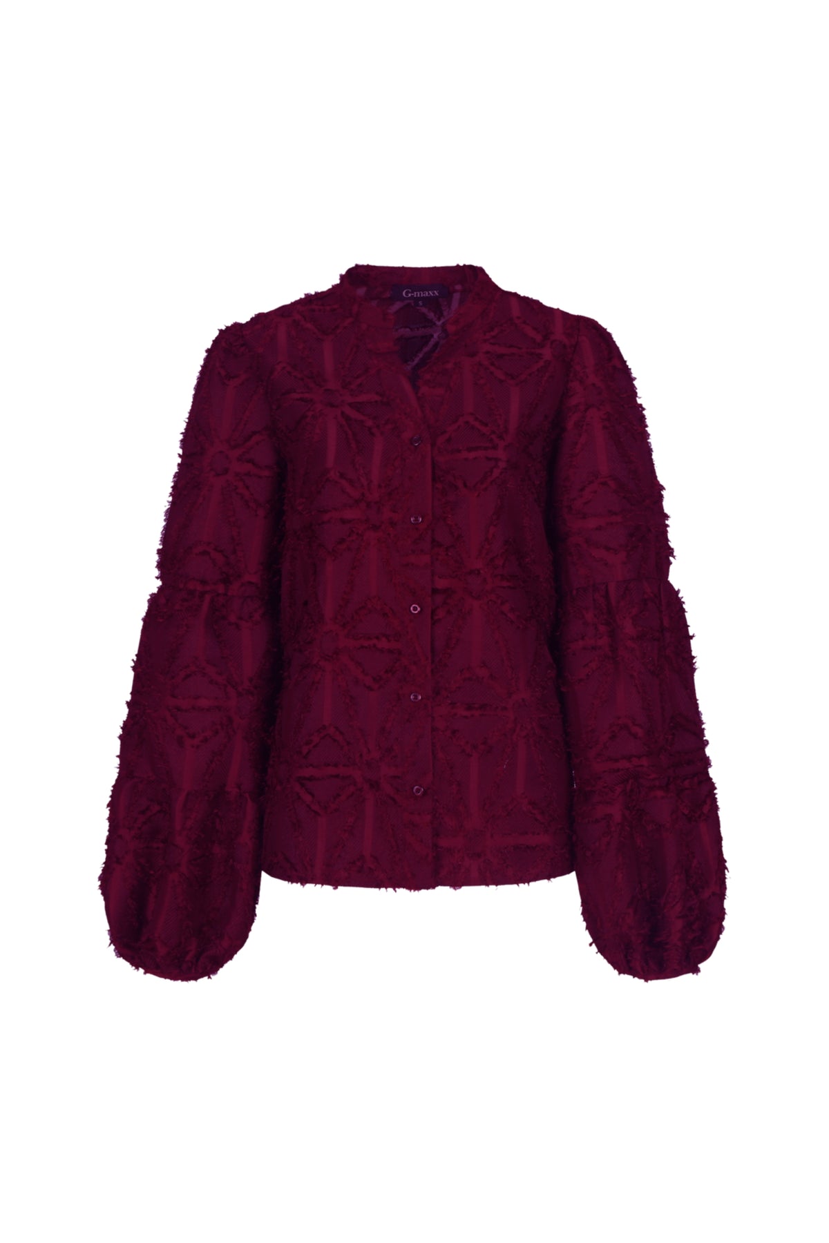 G-maxx Araminta warme aubergine blouse met lange mouwen en elegante pasvorm, gedragen door een model.