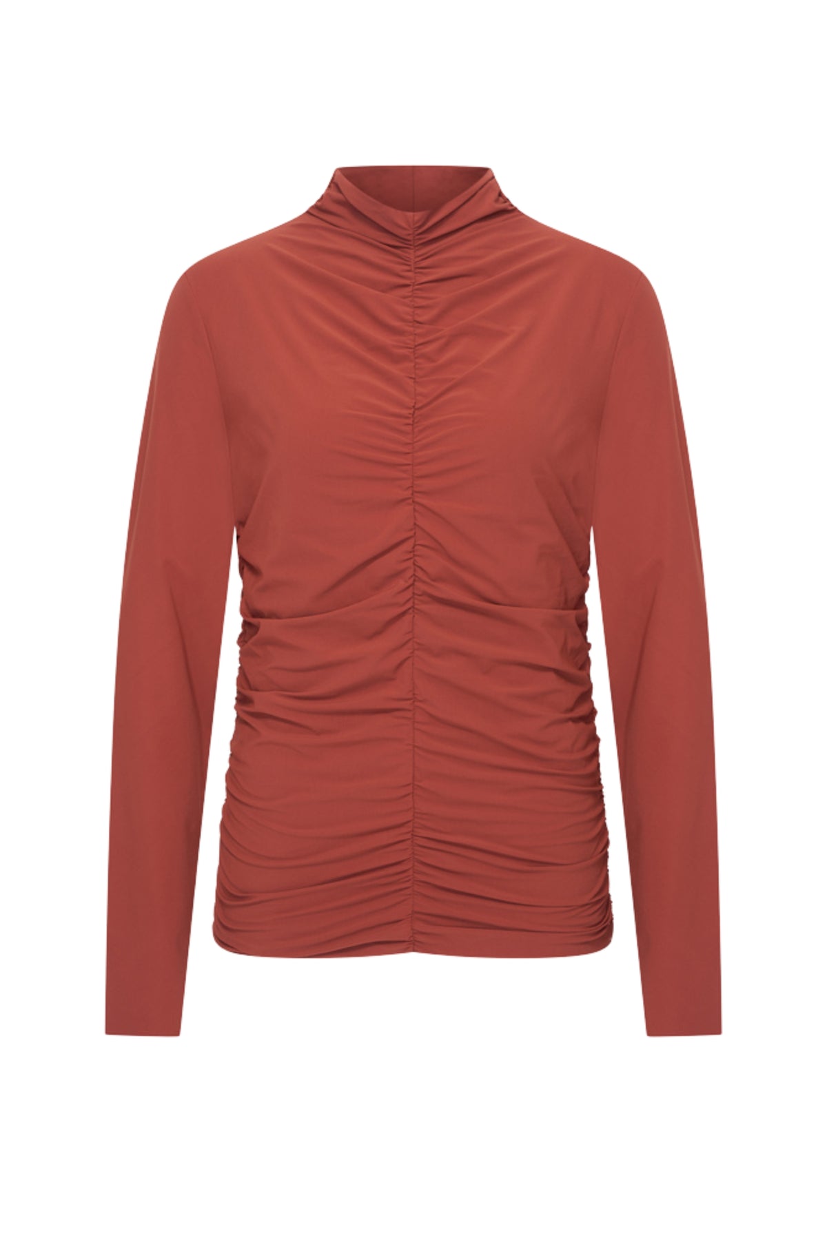 Mi Piace Travel Top Wrinckle Light in Fired Brick, close-up van de textuur en kleur van de lichtbruine top.