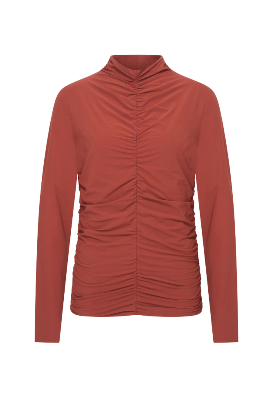 Mi Piace Travel Top Wrinckle Light in Fired Brick, close-up van de textuur en kleur van de lichtbruine top.