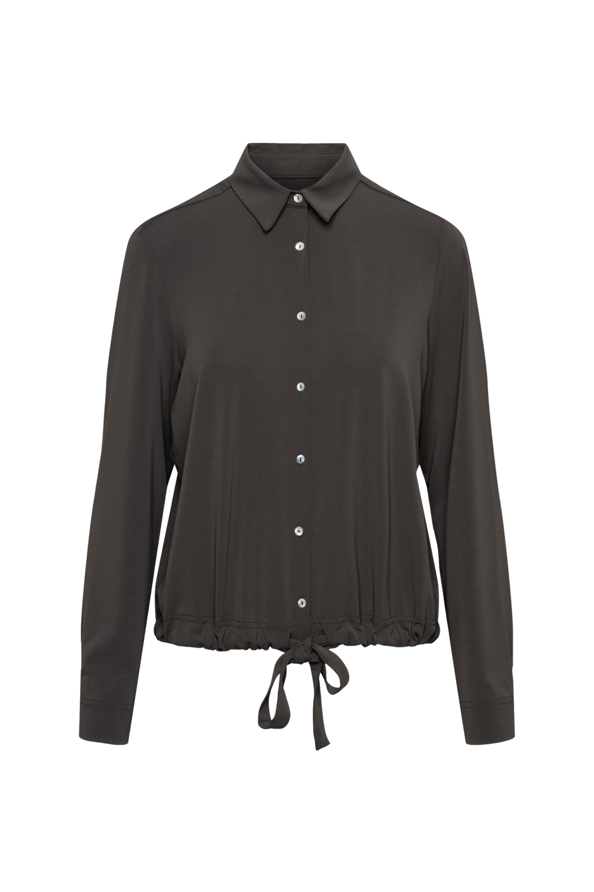Donkere kaki blouse van &Co woman met ronde hals en lange mouwen, modieus en comfortabel voor dagelijkse stijl.