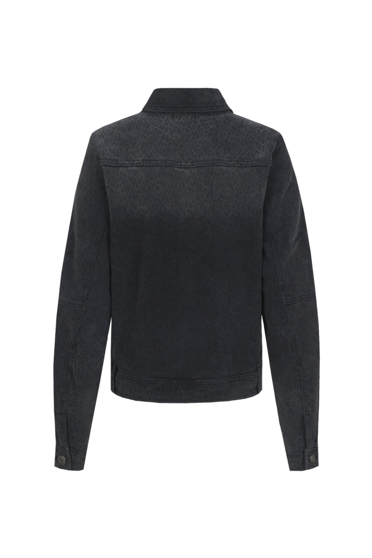 G-maxx Iridessa Denim Zwarte jas met knoopsluiting, reverskraag en zakken, gedragen door een model op een witte achtergrond.