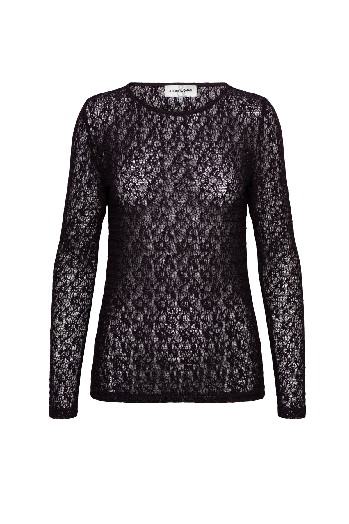 Lila lace top van &Co woman, Tris Lace Deep Plum, met elegante details en zachte textuur, gedragen door een model.