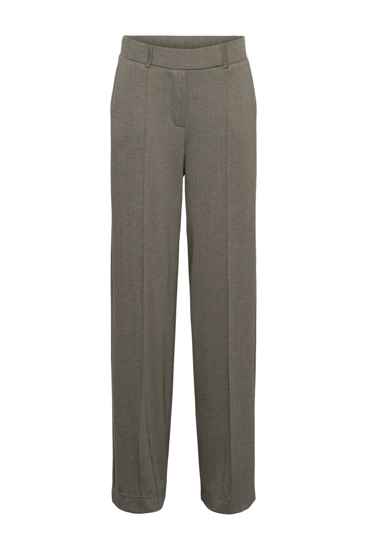 Donkere kaki herringbone broek Geniva van &Co woman, met multi-kleur patroon en comfortabele pasvorm.