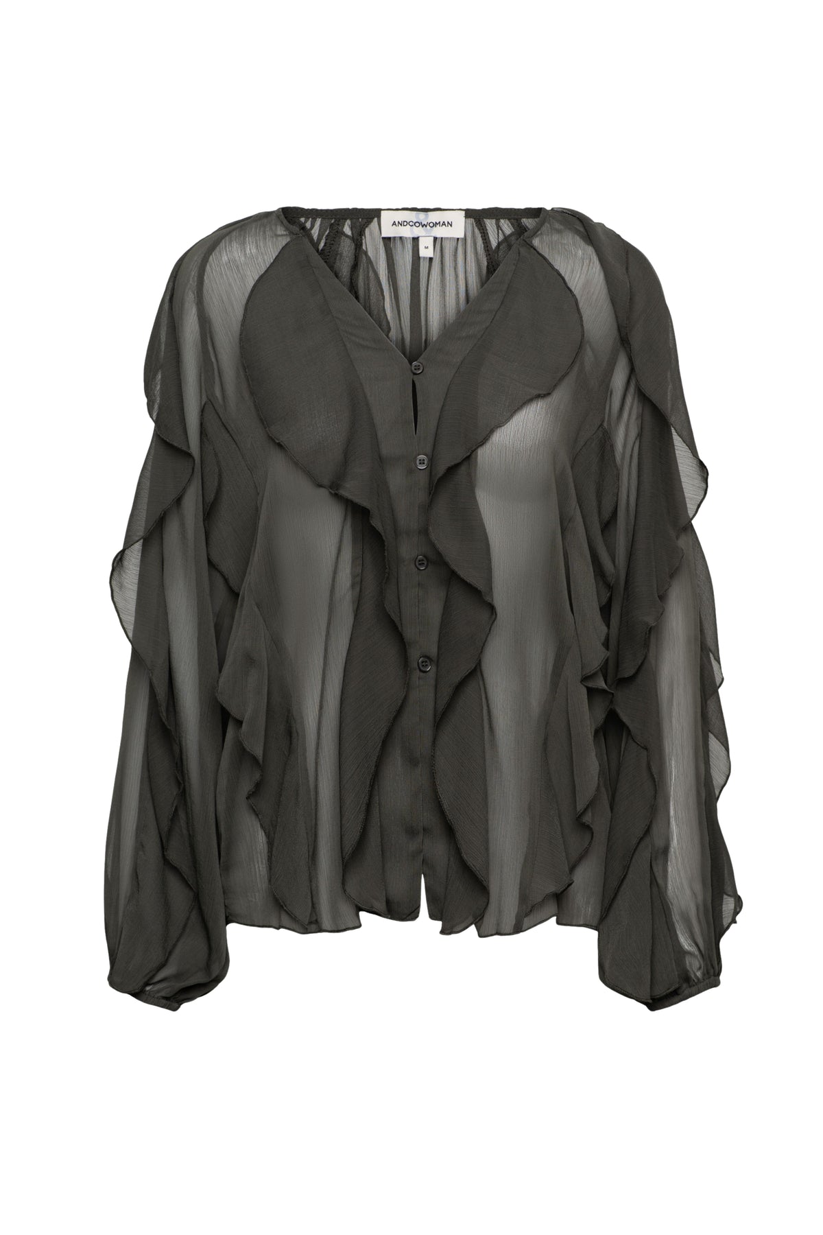 Blouse Wies Dark Khaki van &Co woman, zachte stoffen blouse met lange mouwen en knoopsluiting, getoonde afbeelding in donker kaki kleur