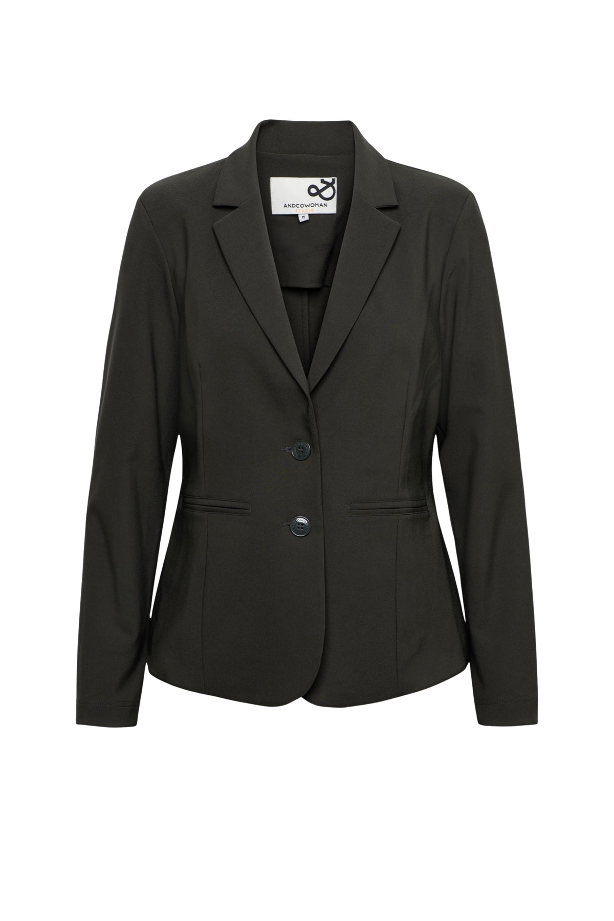 Donkere khaki &Co woman Heavy Travel Blazer Phileine, getailleerd jasje met knopen en revers voor dames, close-up afbeelding