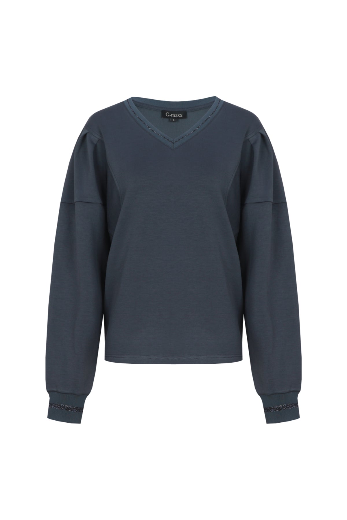 Donkere blauwe trui Aisling van G-maxx, casual stijl, met lange mouwen en ronde hals, gedragen door een model.