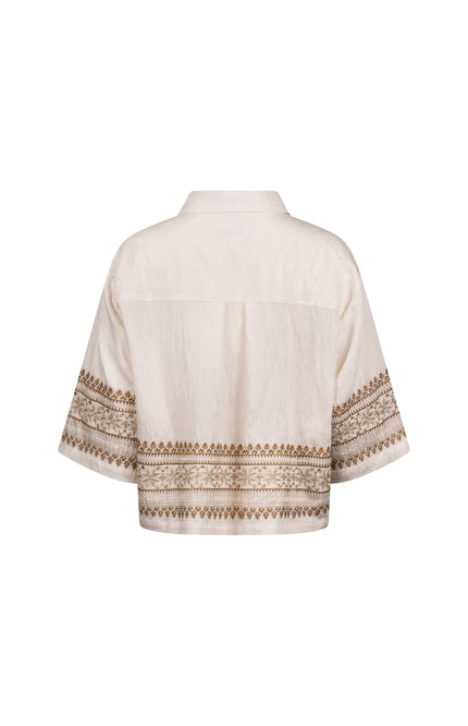 Nukus Blouse Bodine Embroidery Offwhite Camel NKS02113 Stretchshop.nl