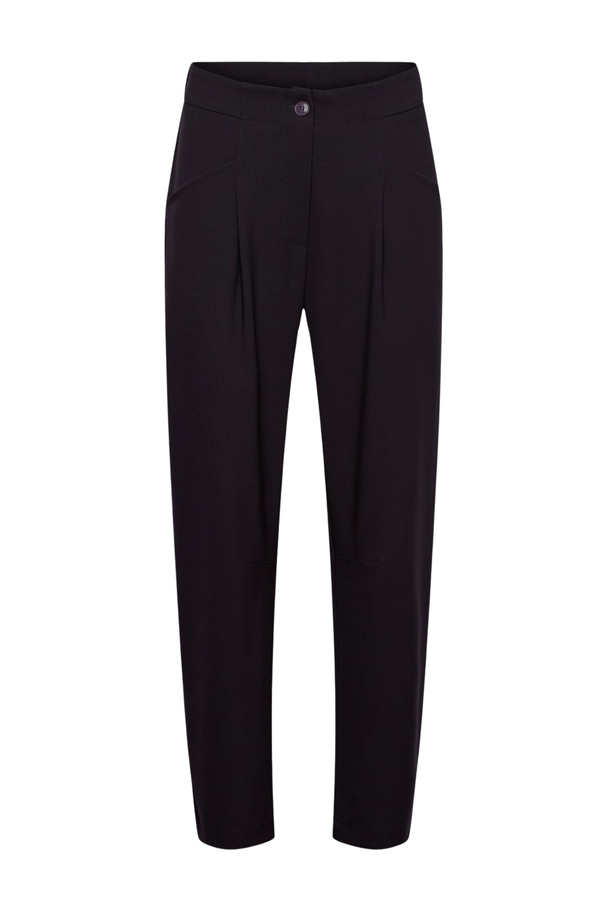 Dames travelbroek in diep pruimkleur van &Co woman, comfortabele pasvorm en stevige stof voor reizen en dagelijks gebruik.