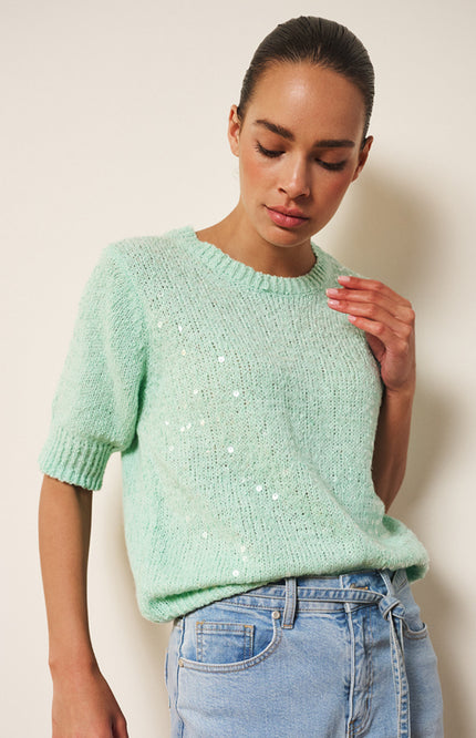 EsQualo Sweater Sequins Light Mint SP26.02004 Stretchshop.nl