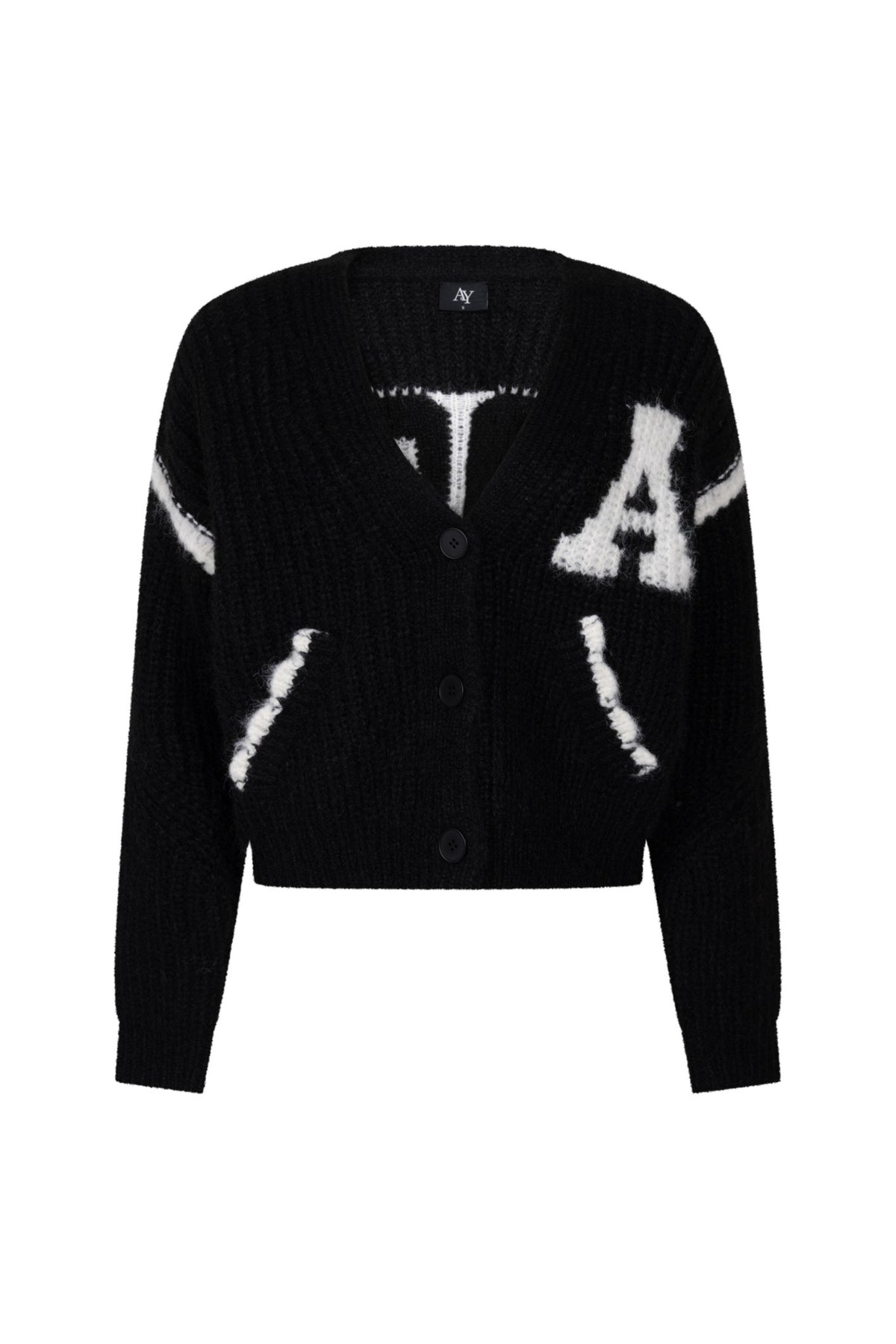 Zwart en offwhite vest Cammy van Ann & You met losse pasvorm en ronde hals op een model.