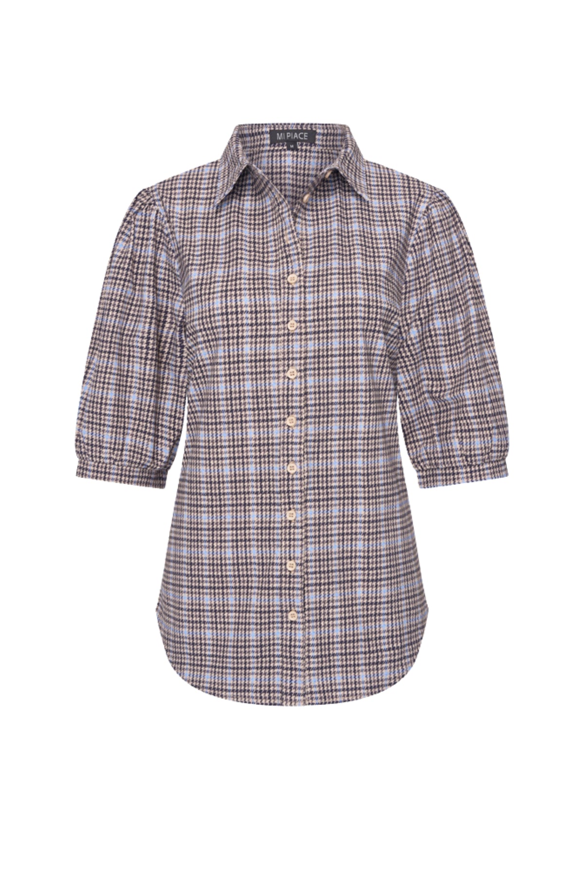 Mi Piace travel blouse met puffy mouwen en harvest tweed print in Della Blue, licht en modieus voor reizen.