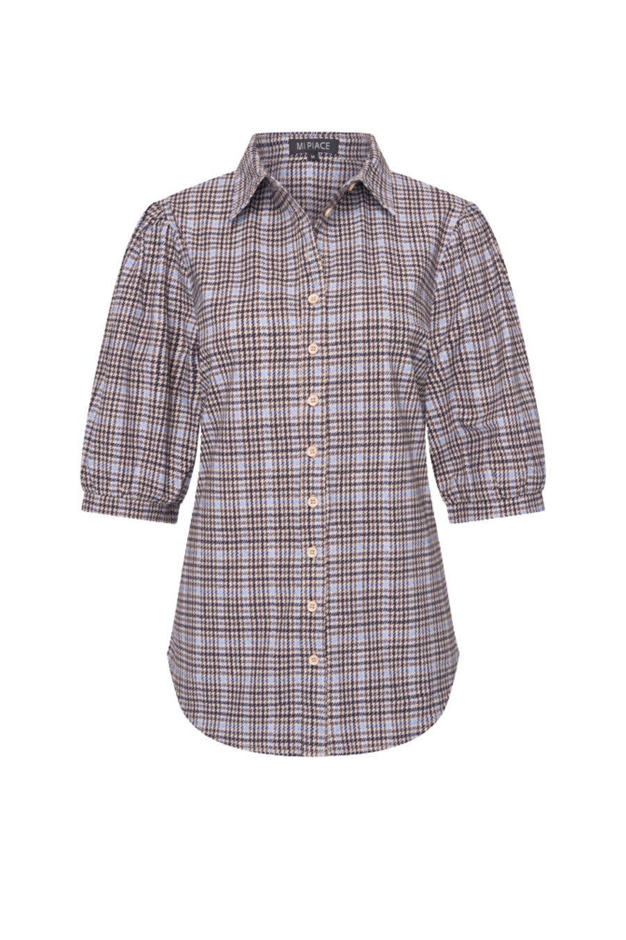 Mi Piace travel blouse met puffy mouwen en harvest tweed print in Della Blue, licht en modieus voor reizen.