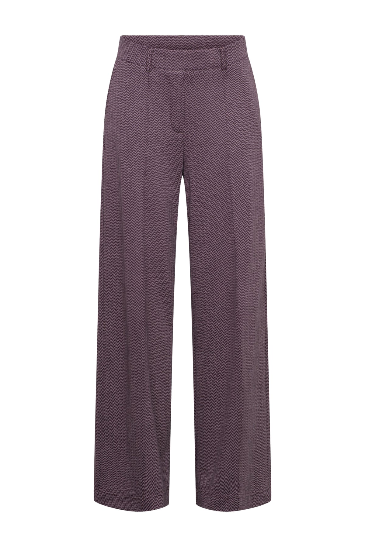 &Co woman Geniva broek in herringbone patroon met diepe pruimkleur, multicolor design, stijlvolle dames broek.