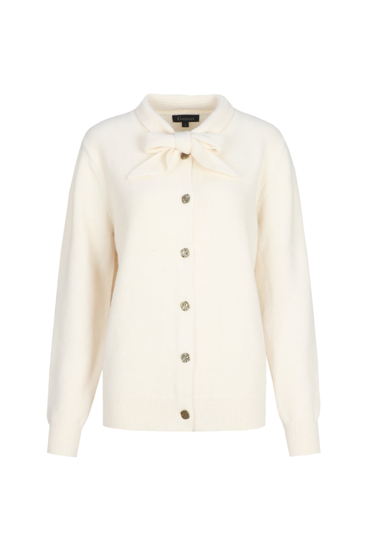 Witte gebreide vest van G-maxx Liora van wol, close-up van de zachte textuur en gebreide details.
