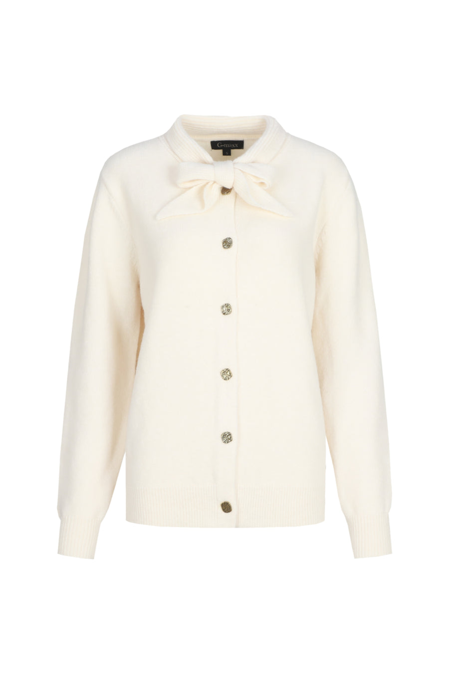 Witte gebreide vest van G-maxx Liora van wol, close-up van de zachte textuur en gebreide details.