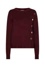 Merlot gekleurde EsQualo basic gebreide sweater met knoopdetails en ronde hals, zachte en comfortabele knit voor dames.