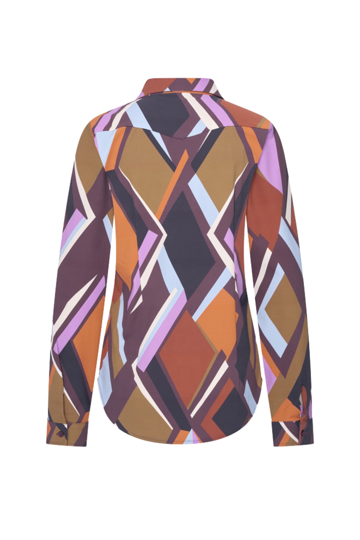 Mi Piace reiskleding blouse met geometrisch fusion print in meerdere kleuren, zichtbaar met kleurrijke patronen en zachte stof.