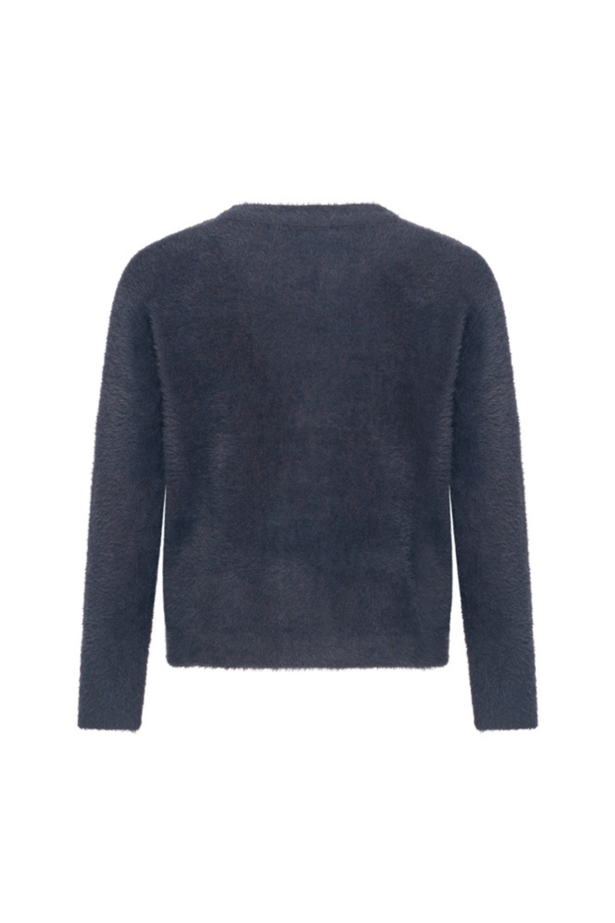 Donkerblauwe mi Piace vest met haarachtige textuur, comfortabele pasvorm en stijlvolle look, close-up van het vest voor dames.