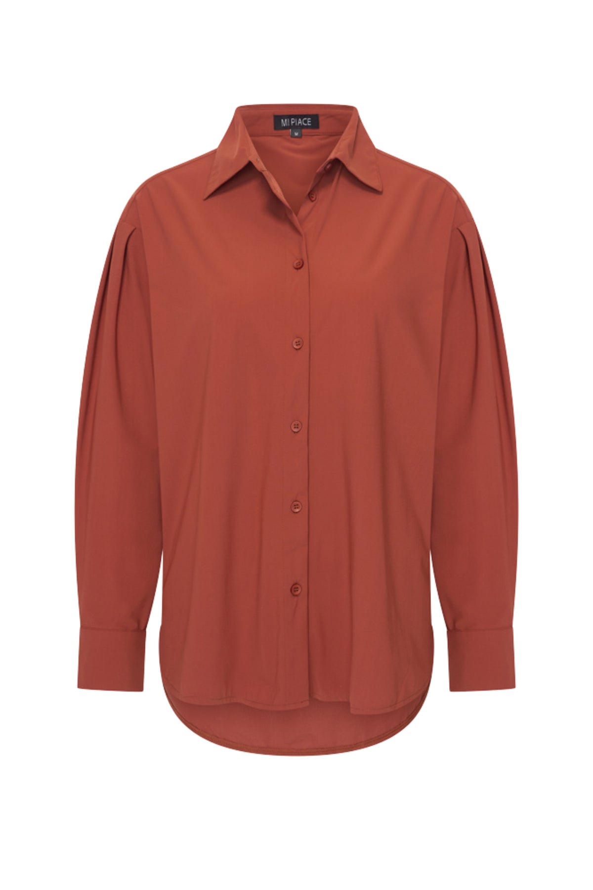 Lichtbruine reisblouse van Mi Piace, getoond in close-up met zachte stof en casual pasvorm.