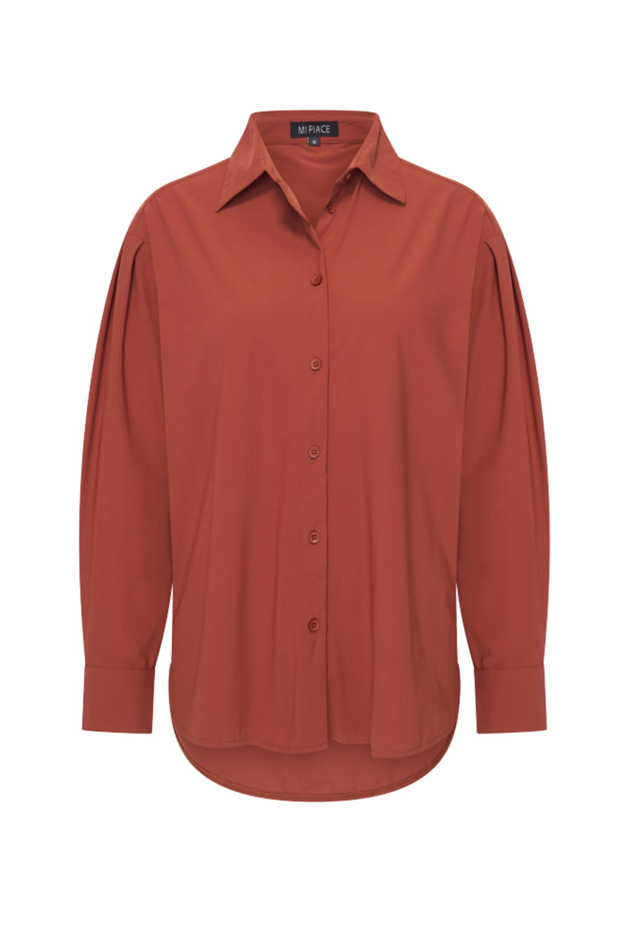 Lichtbruine reisblouse van Mi Piace, getoond in close-up met zachte stof en casual pasvorm.