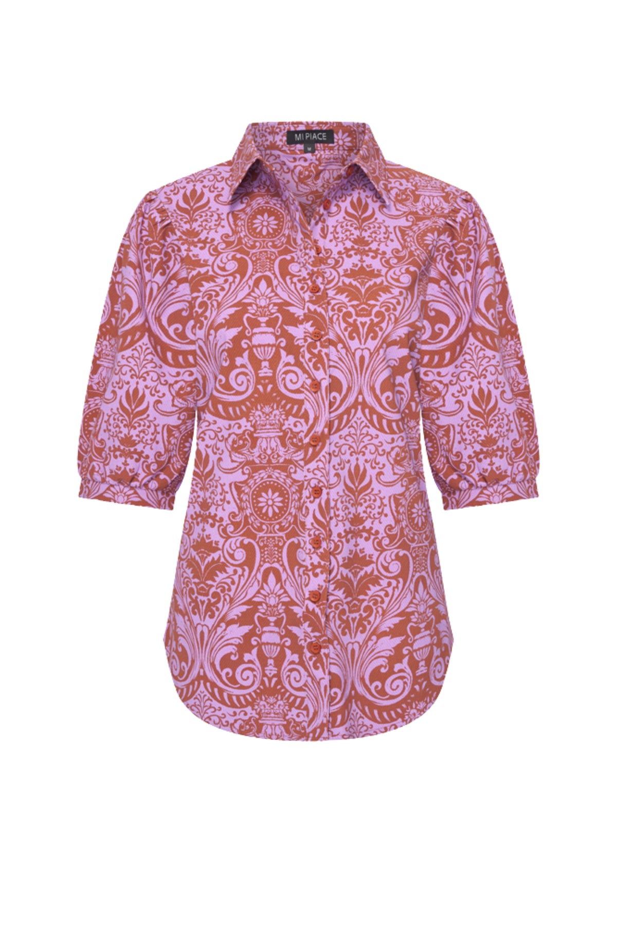 Mi Piace reisblouse met puffermouwen en barokprint in brique en hyacint, elegante top voor reizen en casual dragen