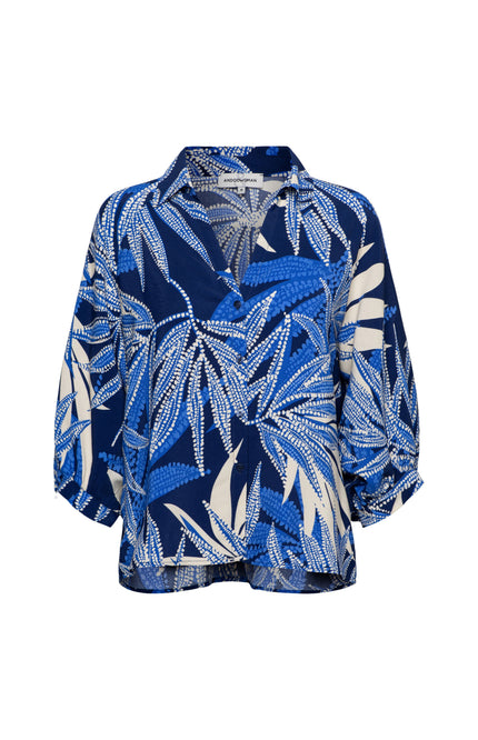 &Co woman Blouse Marijke Leaf B-Blue Multi BL445 Stretchshop.nl