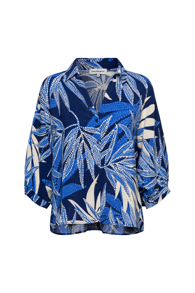 &Co woman Blouse Marijke Leaf B-Blue Multi BL445 Stretchshop.nl