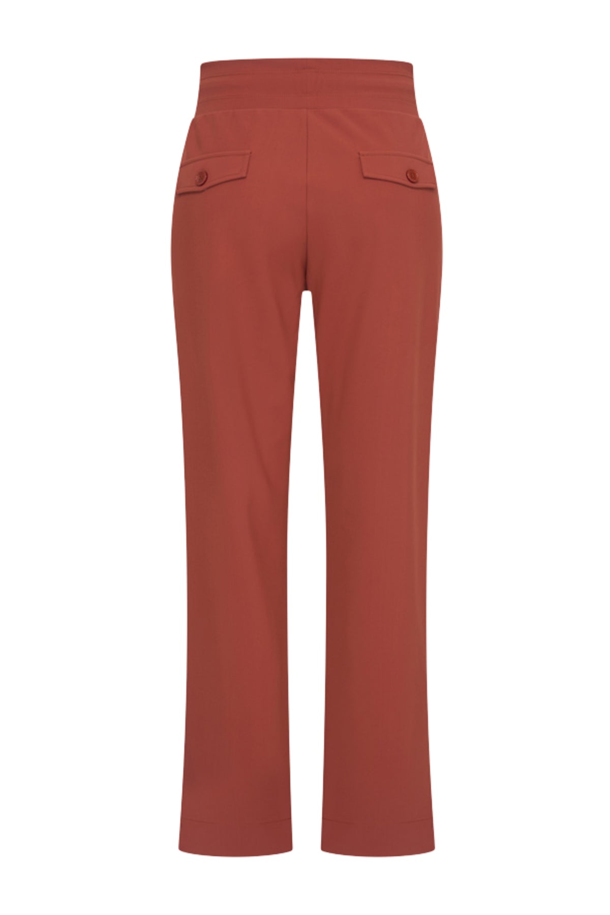 Mi Piace bonded reisbroek in Fired Brick kleur, comfortabele travel broek met stretch en praktische details.