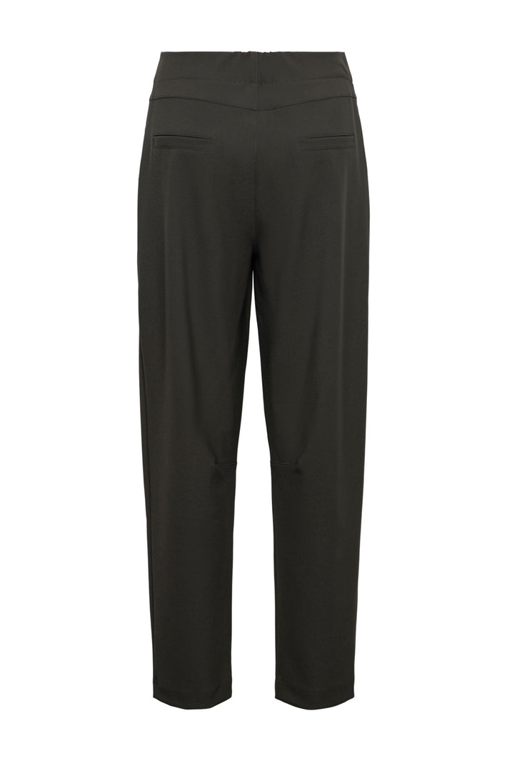 Zwarte &Co woman Heavy Travel Broek Pris in donker khaki, getoond in close-up met rits en stoffen textuur