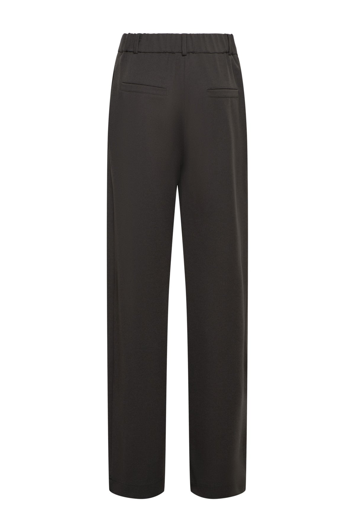 Donkere kaki broek Gabriella van &Co woman, getailleerd model met riem en rechte pijpen, gedragen door een model.
