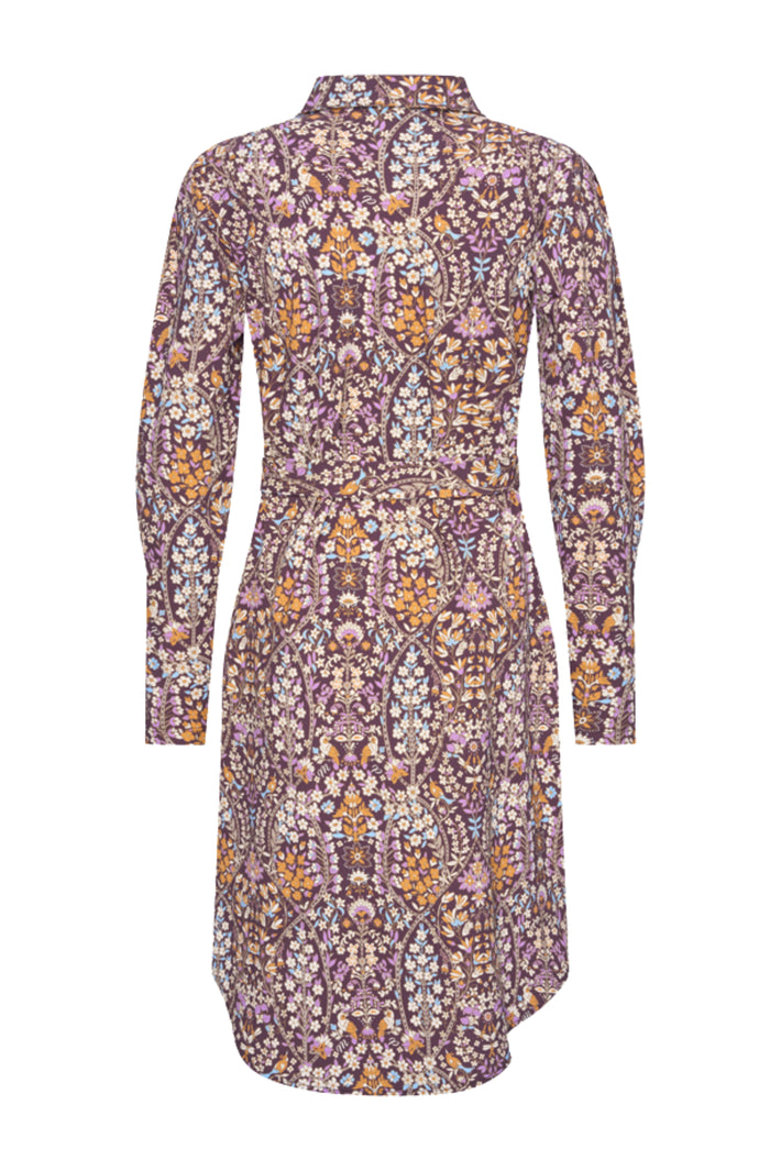 Kleed van Mi Piace met kleurrijke bloemenprint, korte mouw en vloeiende stof voor reizen en zomerse dagen.