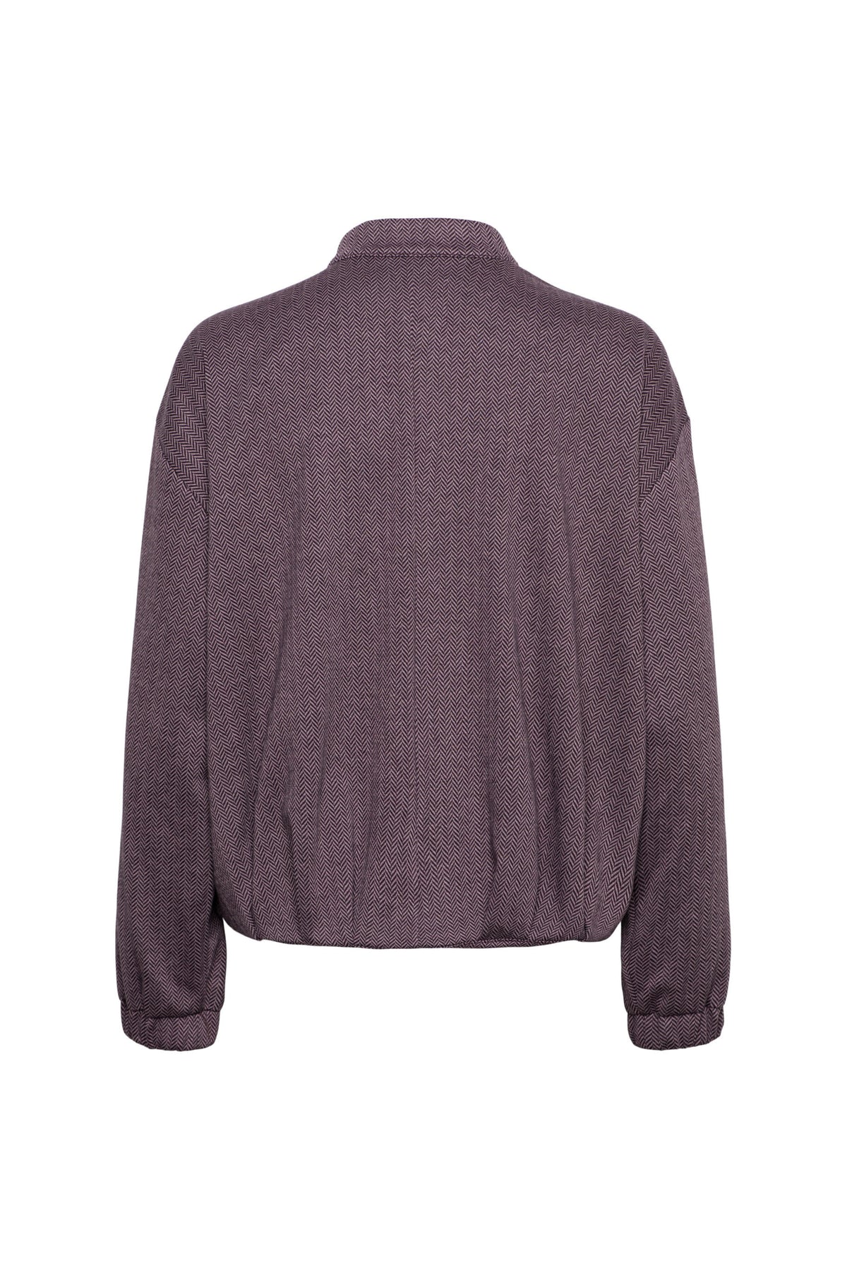 &Co woman Cora Herringbone jas in diep pruim met multi-kleur details, close-up van de getailleerde pasvorm en stoftextuur