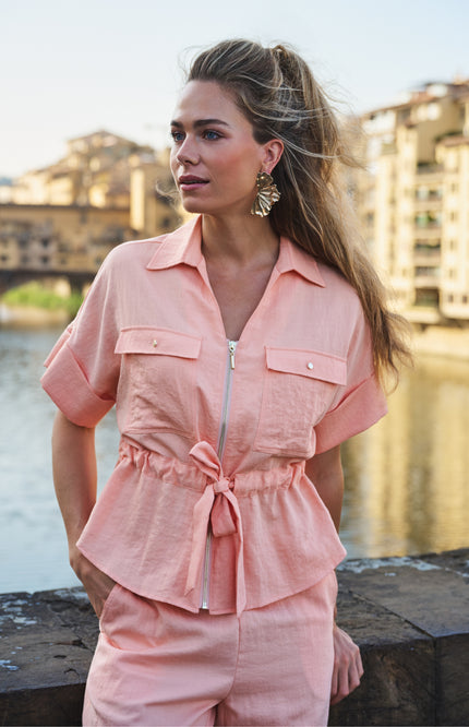 EsQualo Blouse Zipper Fine Crinkle Bellini SP26.10038 Stretchshop.nl