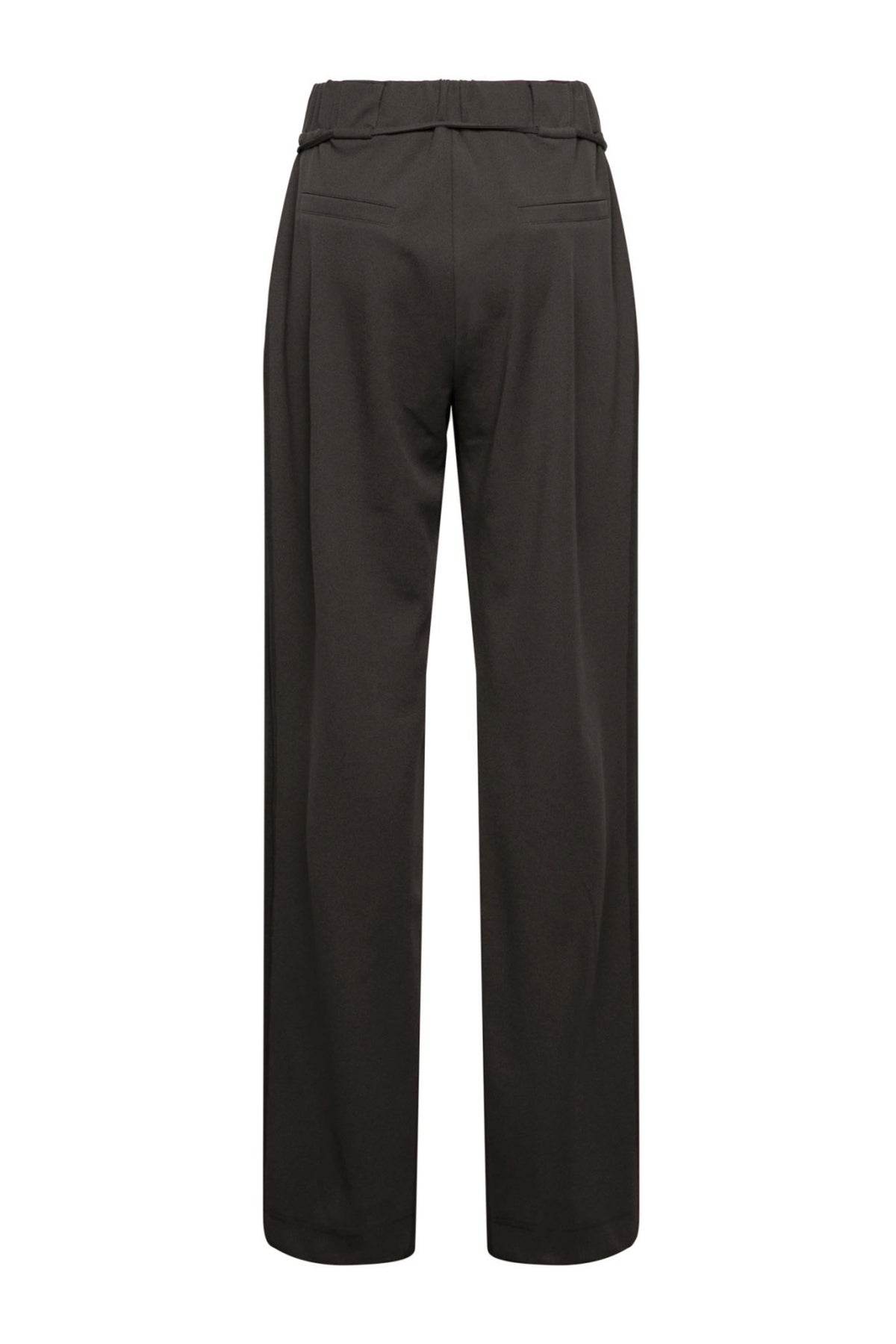 Donkere kaki broek Grace van &Co woman, casual stijl, met elastische taille en rechte pijpen, gedragen door een model.
