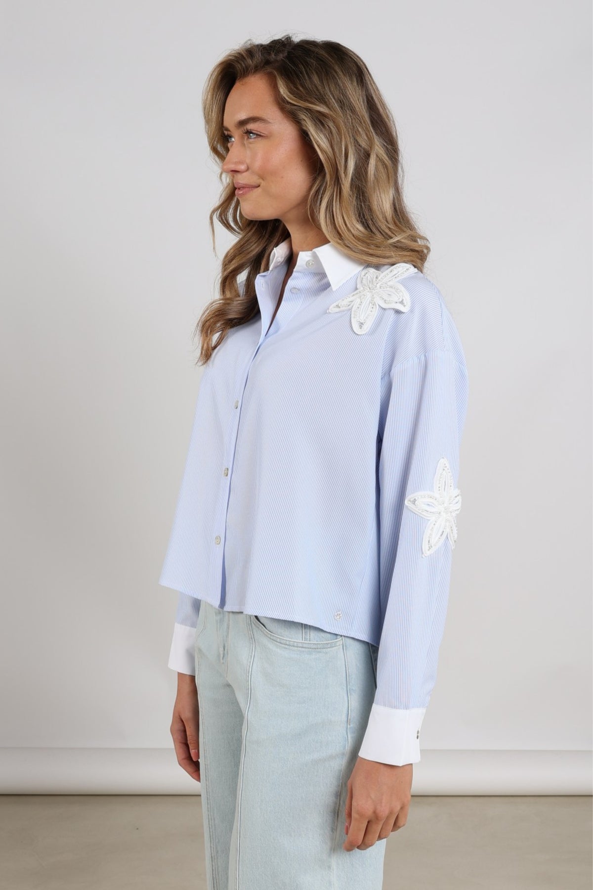 Offwhite blouse Tessa met blauw-witte streeppatroon van Nukus, modieus en casual, zichtbaar met knoopsluiting en lange mouwen.