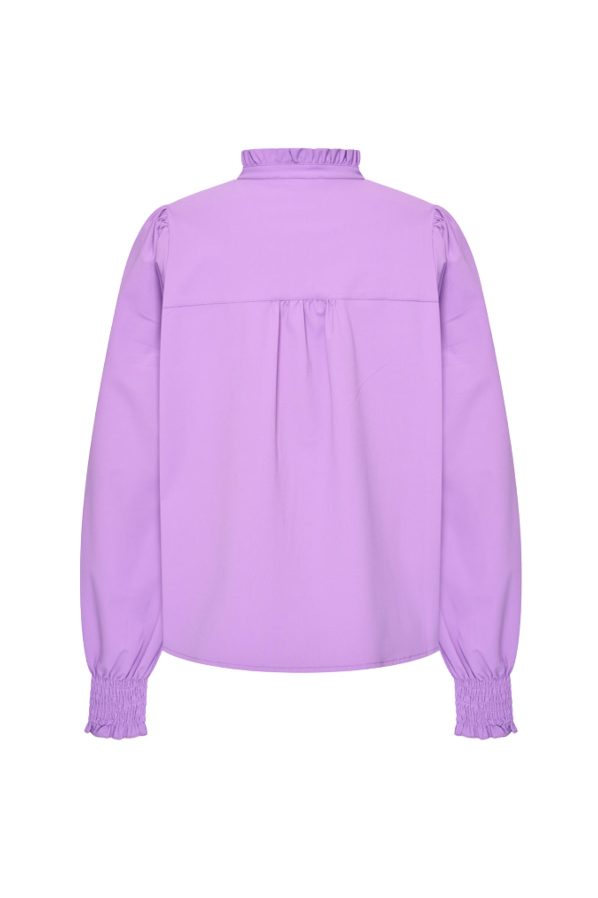 Lichte reisblouse met ruches in hyacintkleur van Mi Piace, korte mouwen en elegante stijl voor comfortabel reizen.
