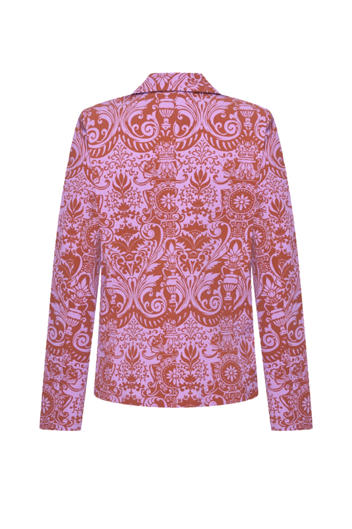 Mi Piace reisblazer in brique met barokprint en hyacintkleur, zichtbaar met knopen en elegante snit.